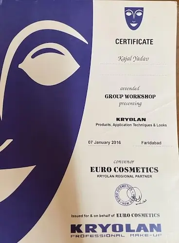 Makeup and Hair by Kajal Yadav Faridabad Certificate by Kryolan